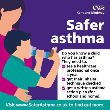 A parent helping a child use an inhaler. 